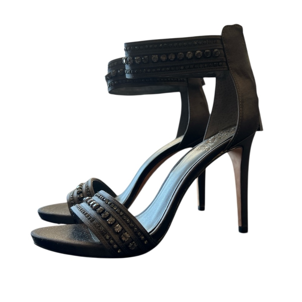 Vince Camuto Gunmetal Tone Satin Ankle Strap Embellished With Stones Party Heels